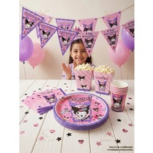 Nura Co Kuromi 16 Kişilik Doğum Günü Parti Seti Tabak Bardak Peçete Balon Flama Mısır Kutusu Mor Pembe