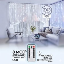 Eser Ticarett 3x3 Metre Kumandalı Beyaz Peri LED Perde Işık - 8 Fonksiyonlu Zamanlayıcılı Animasyonlu USB Mikro LED