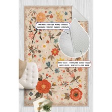 Mortapi Yeşil Floral Desen Baskılı Kaymaz Yıkanabilir Salon Oturma Odası Mutfak Antre Halısı Yolluk