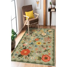 Mortapi Yeşil Floral Desen Baskılı Kaymaz Yıkanabilir Salon Oturma Odası Mutfak Antre Halısı Yolluk