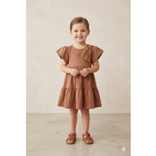 Tayo Baby Kız Çocuk Kahverengi Volanlı Fiyonk Detaylı Taşlı Kat Kat Etekli Nostaljik Elbise Vintage 3-8yaş