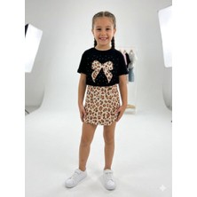 Kids Çocuk Kidscocuk Kız Çocuk Leopar Desenli Taş Detaylı Şort Etek Takım 2 Parça (3-10YAŞ)