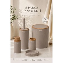Okyanus Home Vizon Ahşap Desenli Çizgili Yuvarlak 5'li Banyo Seti Modern Stil ve Kolay Temizlik