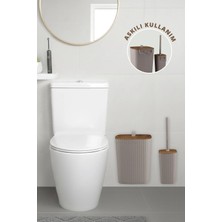 Okyanus Home Safir Yapışkanlı Ahşap Detaylı Wc Fırçalık ve Çöp Kovası Seti Vizon 2'li Banyo Seti