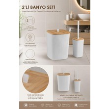Okyanus Home Safir Yapışkanlı Gerçek Bambu Wc Fırçalık ve Çöp Kovası Seti Beyaz 2'li Banyo Seti