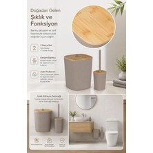 Okyanus Home Safir Yapışkanlı Gerçek Bambu Wc Fırçalık ve Çöp Kovası Seti Vizon 2'li Banyo Seti