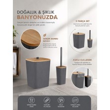 Okyanus Home Safir Yapışkanlı Gerçek Bambu Wc Fırçalık ve Çöp Kovası Seti Antrasit 2'li Banyo Seti