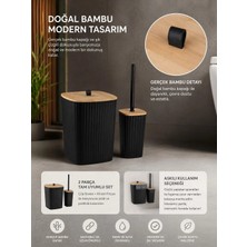 Okyanus Home Safir Yapışkanlı Gerçek Bambu Wc Fırçalık ve Çöp Kovası Seti Siyah 2'li Banyo Seti