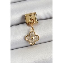 Avensyy 316L Çelik Sallantılı Zirkon Taşlı Yonca Model Gold Renk Nomination Charm