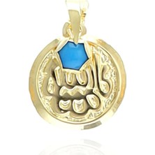 Moom Mücevherat 14 Ayar Altın Maşallah Yazılı Mavi Taşlı Yuvarlak Kolye Ucu 2.2 Cm