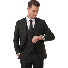 Rizzup Erkek Siyah Slim Fit 3’lü Takım Elbise – Kareli Ekose Desenli Yelekli Şık Takım 2600517
