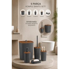 Okyanus Home Yapışkanlı Ahşap Desenli Safir Antrasit 5'li Banyo Seti