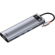 Baseus Metal Gleam – 11’i 1 Arada Type-C Hub Dock Station, 4K 60Hz HDMI, USB-C PD 100W, RJ45, VGA, Kart Okuyucu – Gri