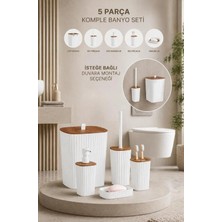 Okyanus Home Yapışkanlı Ahşap Desenli Safir Beyaz 5'li Banyo Seti