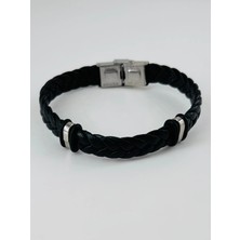 Freedom Storee Siyah Deri  / Çelik  Erkek Deri Bileklik 20 Cm  - EBL0045