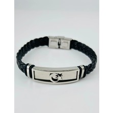 Freedom Storee Siyah Deri / Çelik  Erkek Deri Bileklik 20 Cm  - EBL0126