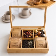 Premium Bambu 6 Bölmeli Kapaklı Dikdörtgen Organizer Çok Amaçlı Baharatlık Çerezlik Çay Kutusu| Kitchera Home