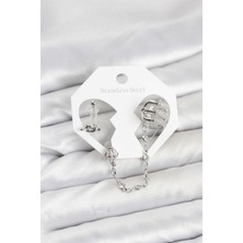 Avensyy Pirinç Gümüş Renk Sarmal Model Zincir Bağlantılı Ear Cuff Küpe Seti