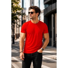 Luxic Core Kırmızı Slim Fit Bisiklet Yaka Erkek Basic Tişört – Günlük Şık ve Rahat Kombin