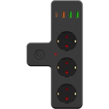 Yazline Global® Termal Akım Korumalı 3 Adet Soket,3 Adet USB ve 1 Adet Type-C Girişli 20W Priz