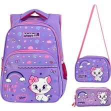 Giza Waddell Lisanslı Lila Kedi Desenli Sırt Çantası ve Beslenme Çantası Kalemlik 3 lü set