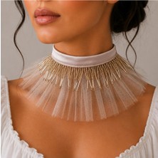 BijuStore Pudra Renk Organze Tül - Saten - Pudra Renk El Işi Boncuk Kadın Choker