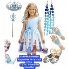 Elsa Anna Frozen Elbise Mavi Elbise Elsa Anna Baskılı Elbise + Mavi Elsa Anna Babble Saç + Taç Asa + Mavi File Eldiven+ Elsa Topuklu Ayakkabı Doğum Günü Parti Düğün Davet Bayram Elbise Kostüm