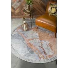 Alanur Home Kaymaz Dijital Mutfak & Salon Halı Trend Saçaklı Yuvarlak Mermer E5034