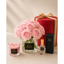Vinnos Home & Concept 15'li Pembe Dokulu Yapay Gül Aranjmanı - Cam Vazolu Mum ve 30 ml Oda Kokulu Dekoratif Hediye Seti