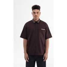 Machinist Erkek Nakışlı Oversize Gömlek Kahverengi