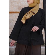 Ande Tesettür Köprü Bağlama Detaylı Keten Gömlek - Siyah
