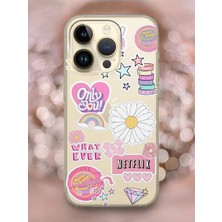 Spoyi iPhone 15 Pro Max Pink Sticker Tasarımlı Şeffaf Telefon Kılıfı