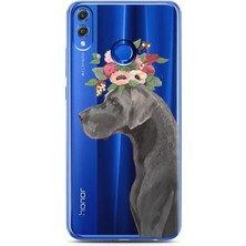 Spoyi Honor 8x Çiçekli Köpek Tasarımlı Süper Şeffaf Telefon Kılıfı