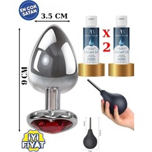 Aşkın Deposu Deromeya Health -Mükemmel Çelik 9 cm Duble  Kalpli Elmas Taşlı Süper Kaydırıcı Jel+ Anal Plug 9 cm +Anal Temizlik Pompa Süper Set 100 ml Jel Avantajlı Paket