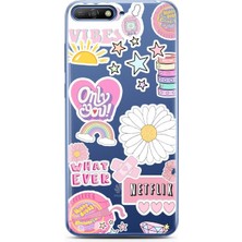 Spoyi Huawei Y6 2018 Pink Sticker Tasarımlı Süper Şeffaf Telefon Kılıfı
