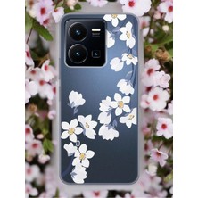 Spoyi Vivo Y35 Art White Flowers Tasarımlı Şeffaf Telefon Kılıfı