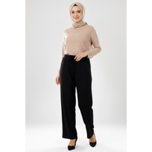 Hadiora Kadın Siyah Beli Lastikli Bağcıklı Atlas Bol Paça Pantolon