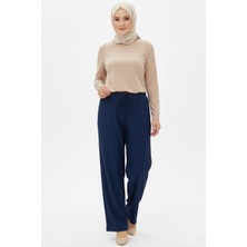 Hadiora Kadın Saks Mavi Beli Lastikli Bağcıklı Atlas Bol Paça Pantolon