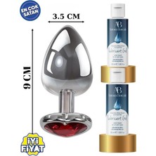 Aşkın Deposu Deromeya Health -Mükemmel Çelik 9 cm Duble Xl Kalpli Elmas Taşlı Süper Kaydırıcı Jel+ Anal Plug 9 cm +Duble  Süper Set Sade 2*50 ml Jel Avantajlı Paket