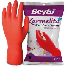 Beybi Karmelita Yüksek Performanslı Ev Tipi Eldiven Kırmızı No 8 (10'lu Paket)