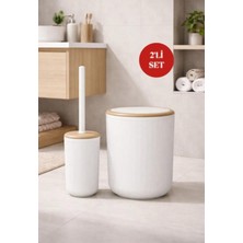 Okyanus Home Linea Due Kırık Beyaz Çizgili Yuvarlak 2'li Wc Kova ve Fırça Seti