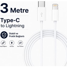 CoverZone Type-C To Lightning Şarj Kablosu 3 Metre Hızlı Şarj ve USB Veri Aktarım Kablosu, High Speed Charging Destekli Uzun Kablo, USB Charging Energy Saving Data Sync Kablo | ZR938