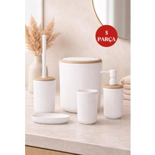 Okyanus Home Linea Due Beyaz Çizgili Yuvarlak 5'li Banyo Seti