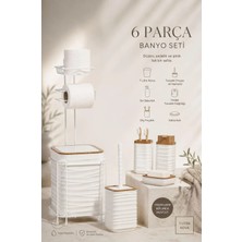 Okyanus Home 6 Parça Beyaz Metal ve Ahşap Desenli Banyo Seti