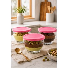 Zuri Design 3’lü Puding Kasesi Seti Pembe Kapaklı Cam Tatlı ve Muhallebi Kasesi 280 cc
