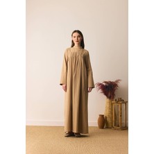 Zülays Geniş Manşetli Şile Bezi Elbise Camel