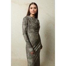 Zülays Batik Desen Tül Elbise Haki