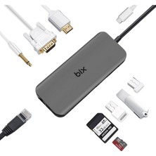 Bix BX11HB 10in1 Type-C Hub 4K@30Hz HDMI - VGA, Aux, PD Şarj, 1Gbps RJ45, 3x USB 3.0, Micro SD / SD Kart Okuyucu Dönüştürücü HUB