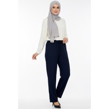 Hadiora Kadın Lacivert Beli Lastikli Bağcıklı Atlas Bol Paça Pantolon