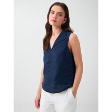 Jimmy Key Lacivert %100 Keten Şal Yaka Kolsuz Bluz